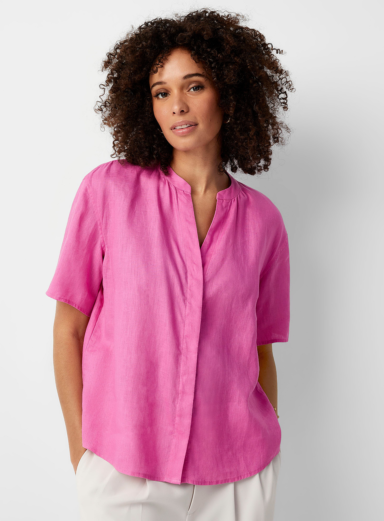 Contemporaine Gathered Collar Loose Linen Shirt In Pink