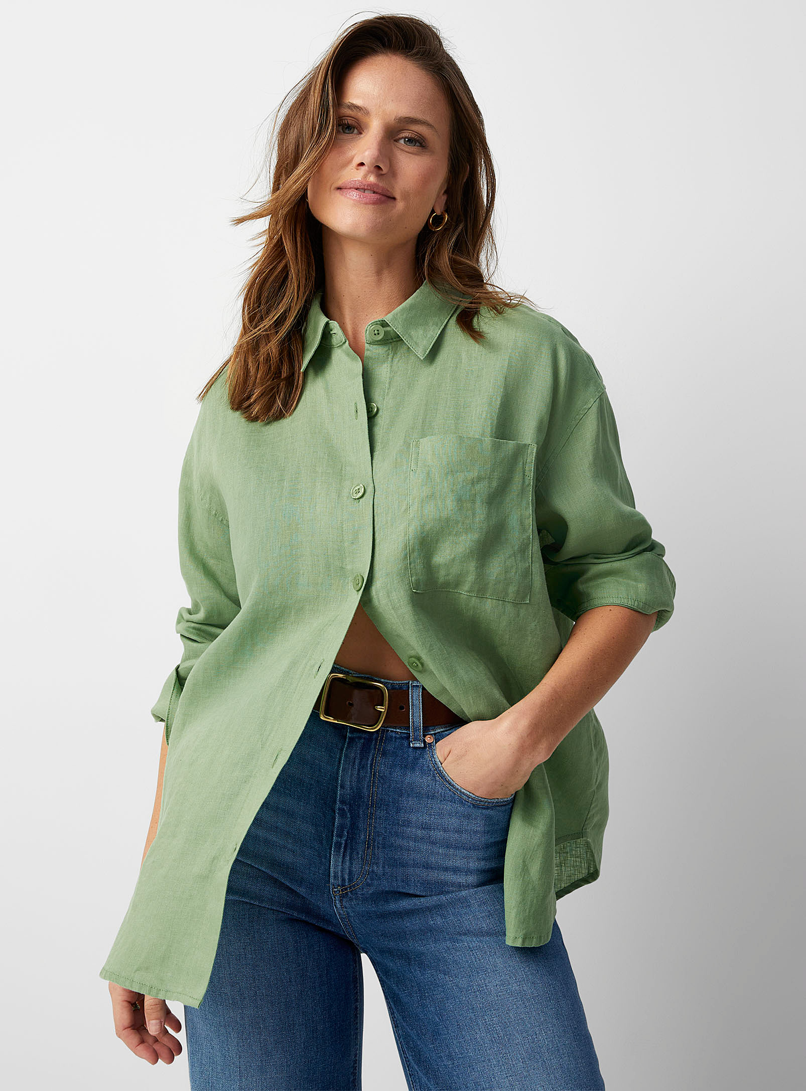 Contemporaine Patch Pocket Pure Linen Shirt In Mossy Green