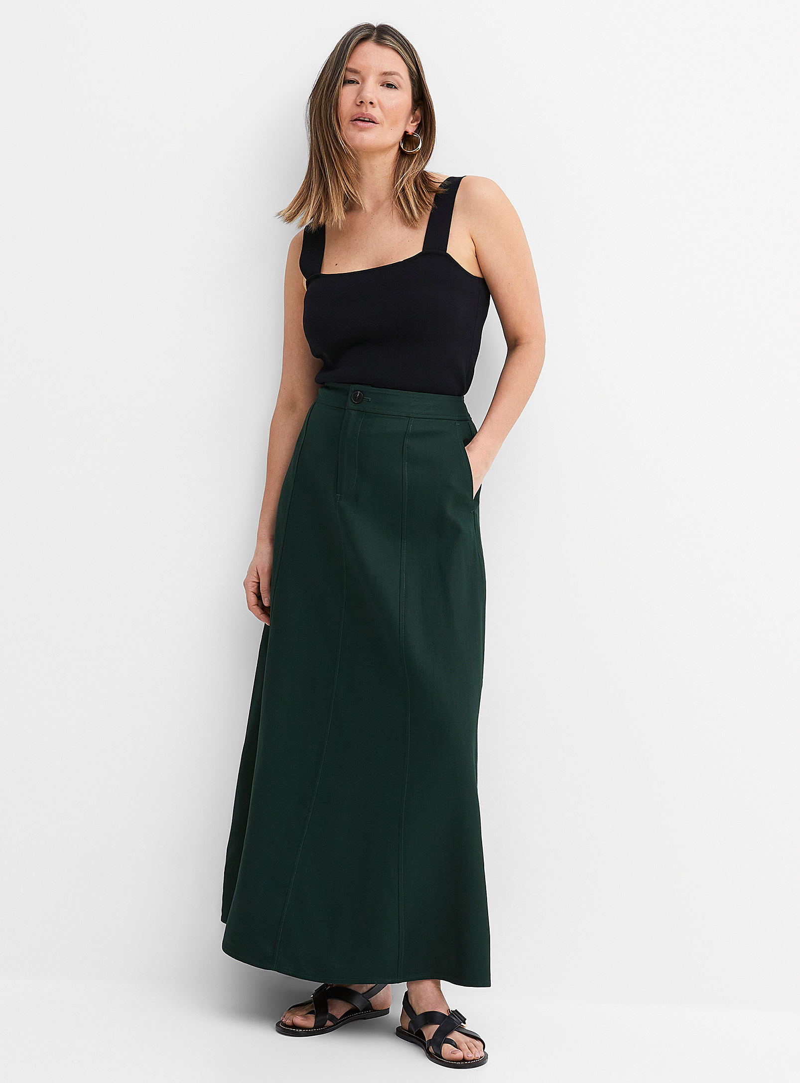 Contemporaine Fine Texture Flared Maxi Skirt In Mossy Green