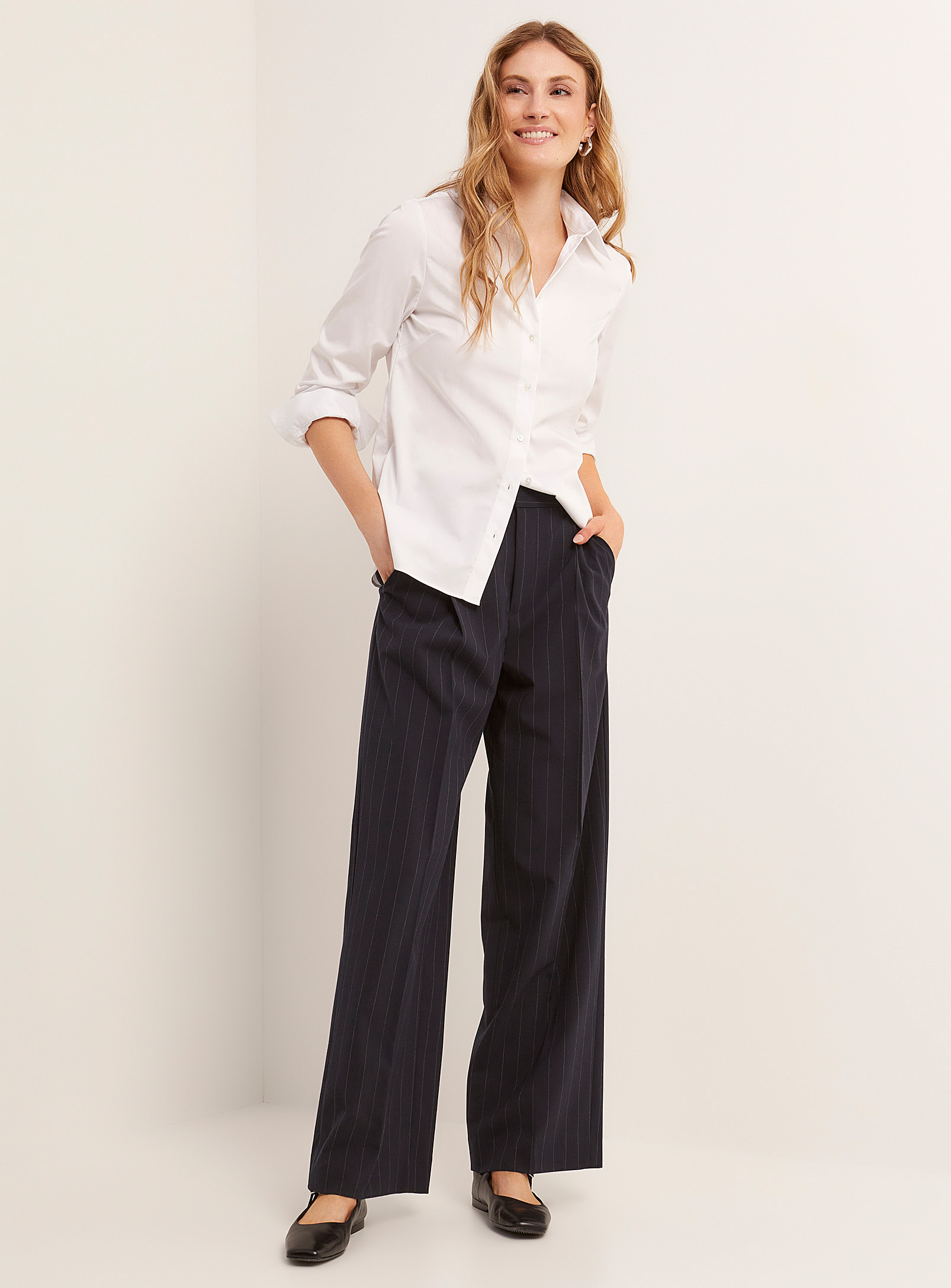 Contemporaine Pinstriped Navy Wide-leg Pant In Black