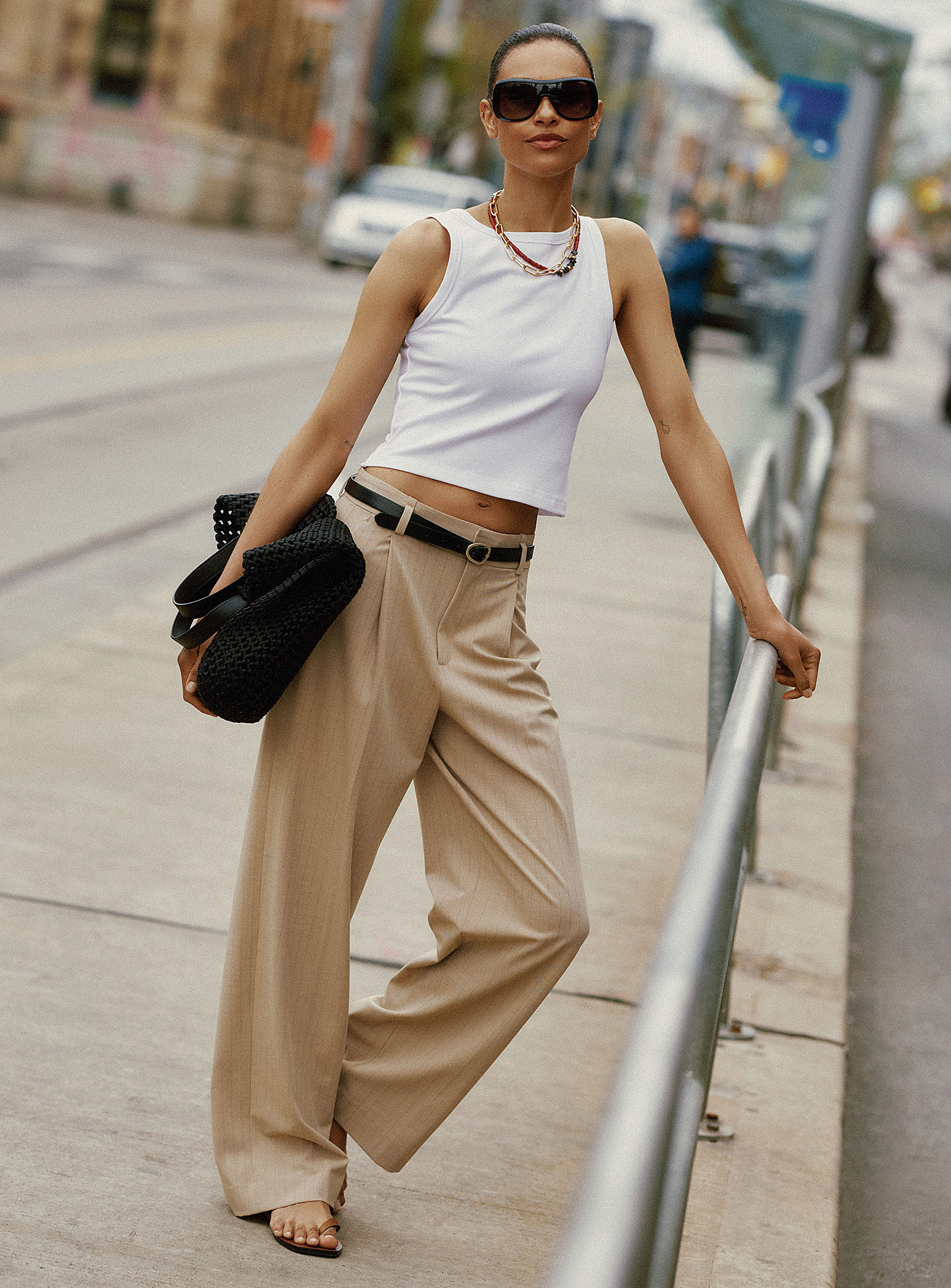 Contemporaine Pinstriped Sand Wide-leg Pant In Honey/camel