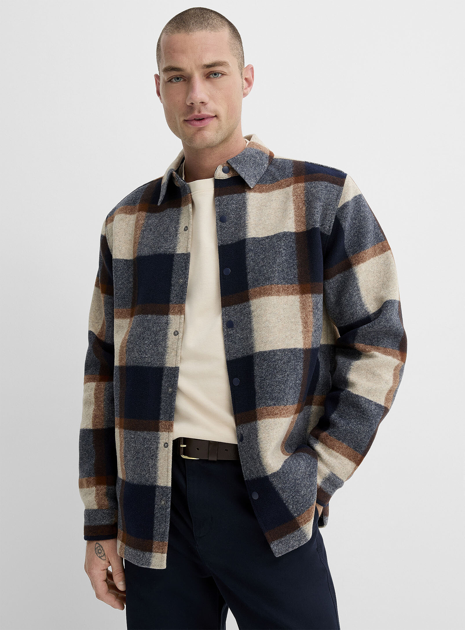 Le 31 - Check felt overshirt (Men, Blue, LARGE)