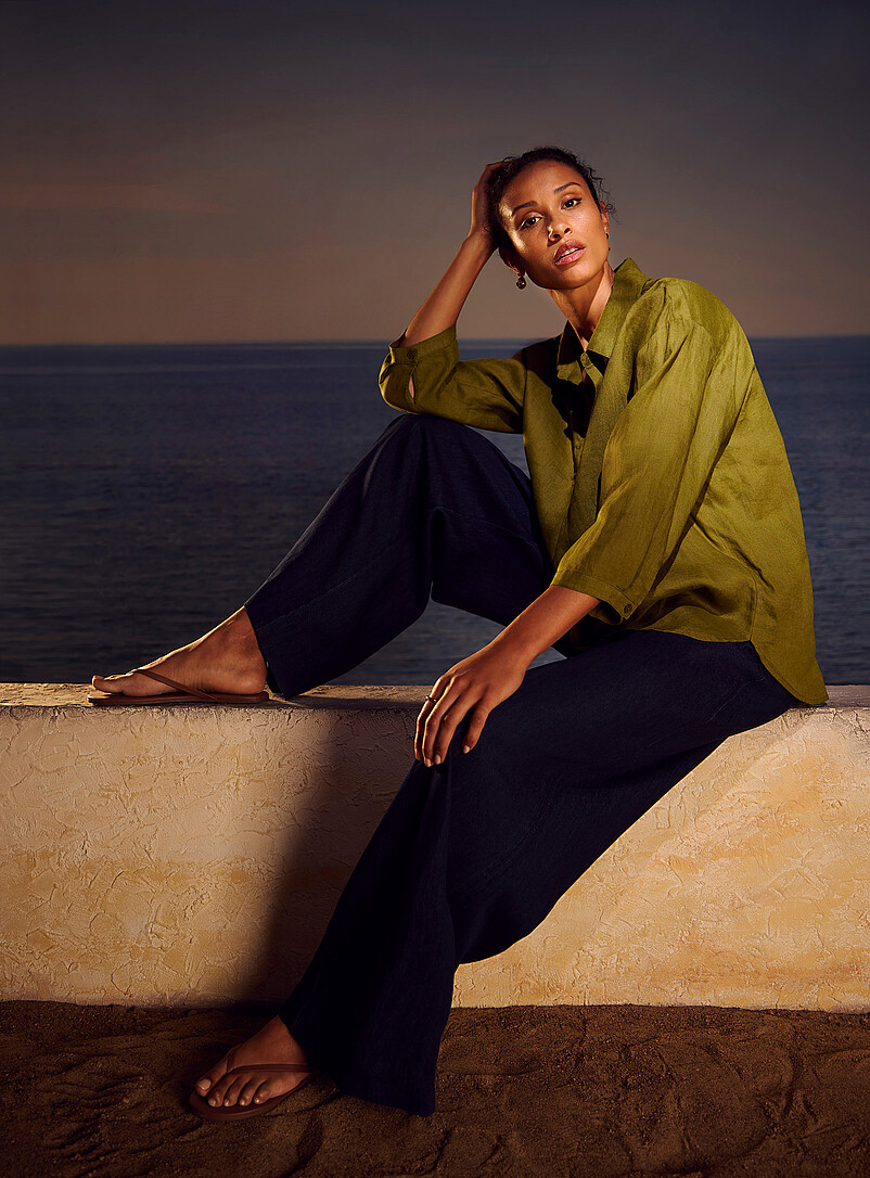 Johnny-Collar Pure Linen Blouse