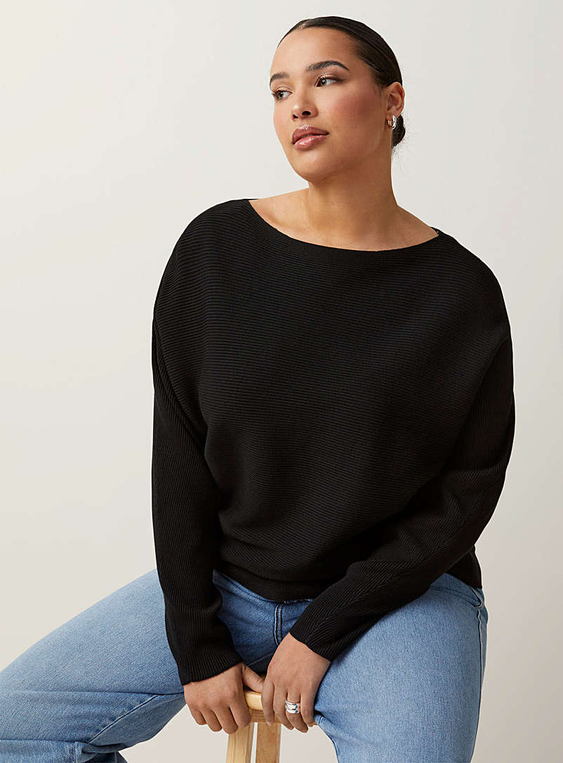 Contemporaine Black Batwing-sleeve ribbed sweater for women