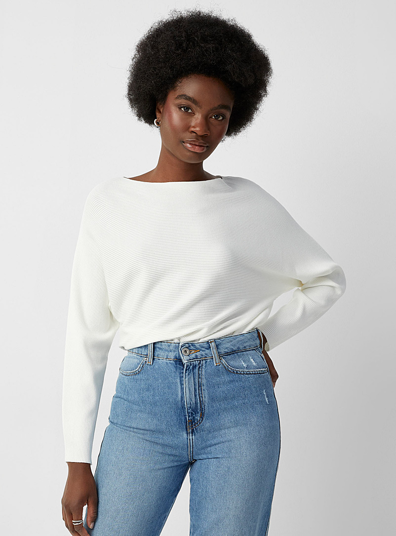 Contemporaine Ivory White Batwing-sleeve ribbed sweater for women