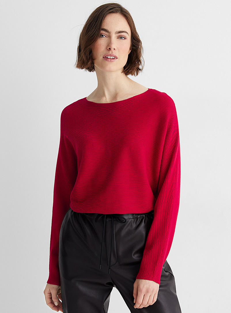 Contemporaine Red Batwing-sleeve ribbed sweater for women