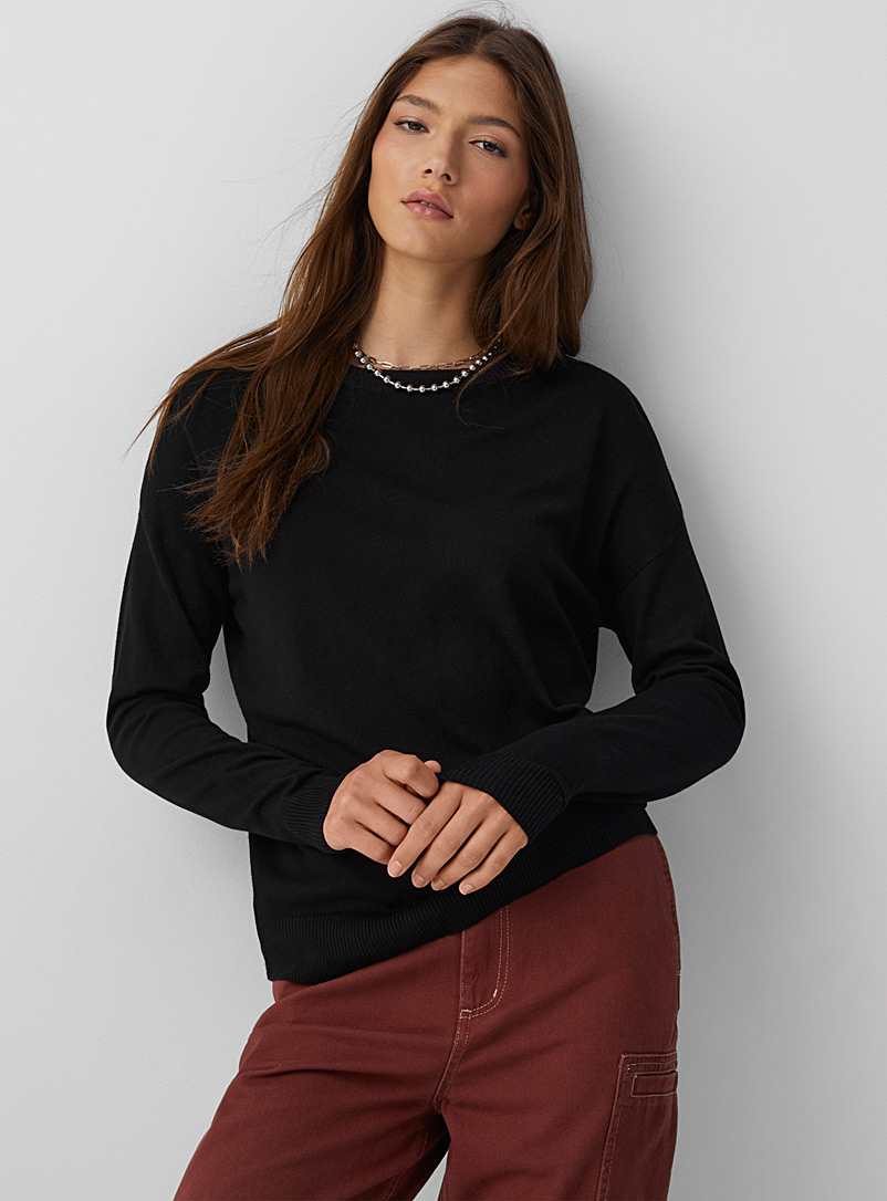 Twik: Le pull col rond tricot soyeux Noir pour femme