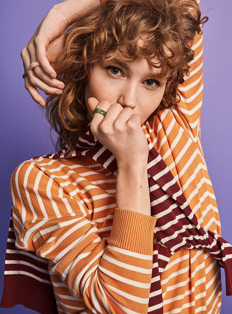 Twik Patterned Orange Oversized striped silky knit sweater for women