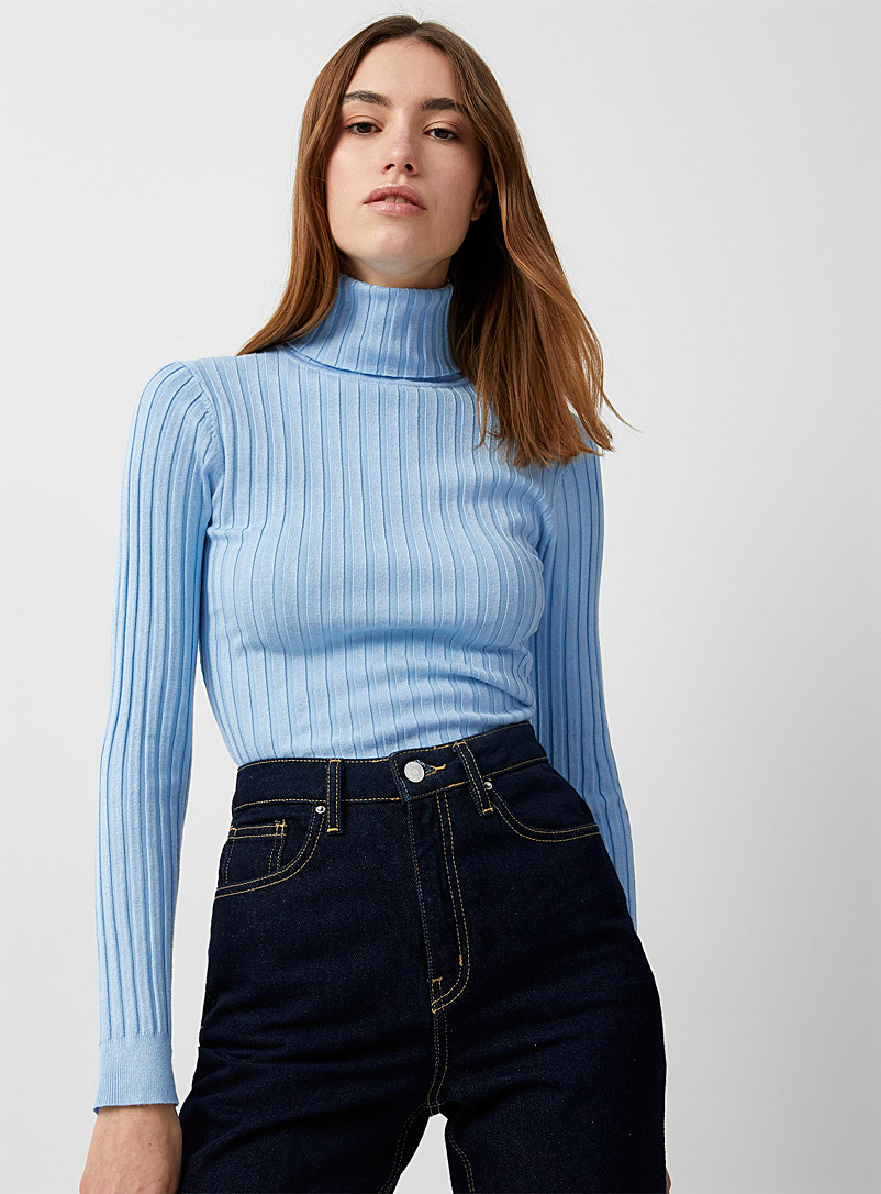 Twik Slate Blue Wide-ribbed fitted turtleneck for women