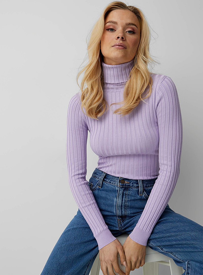 Twik Purple Wide-ribbed fitted turtleneck for women