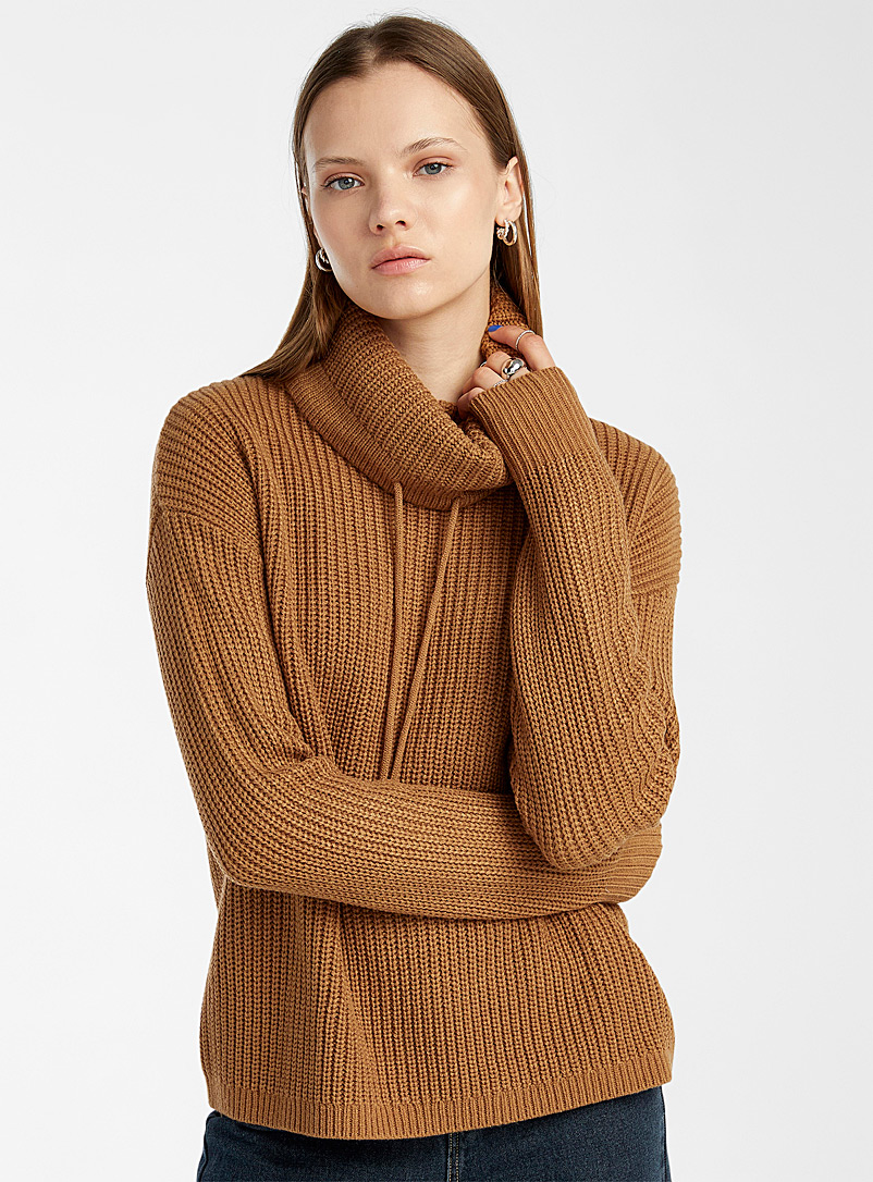 Twik Brown Ribbed loose tunnel-collar sweater for women