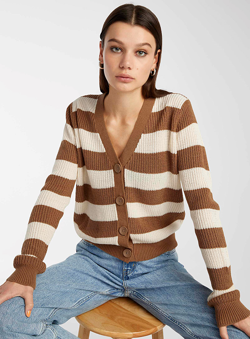 Twik Cream Beige Ribbed cropped cardigan for women