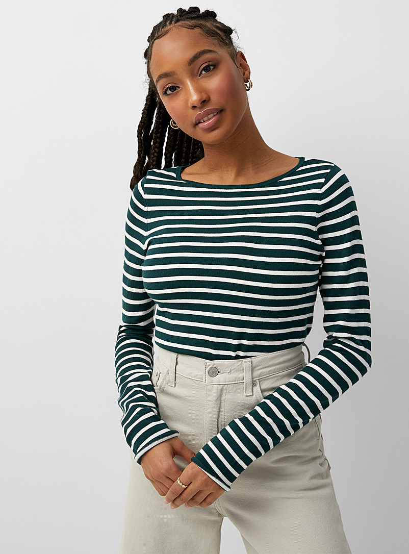 Twik Patterned Green Fine stripe boat-neck sweater for women