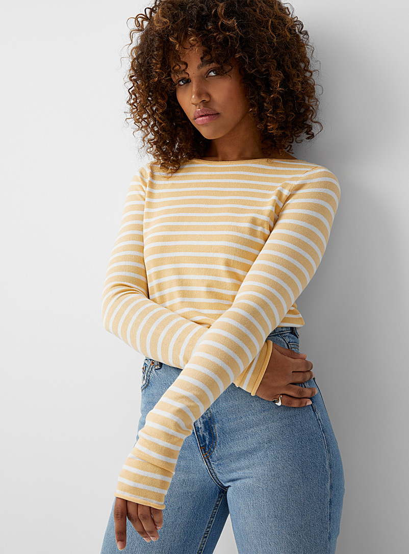 Twik Patterned Yellow Fine stripe boat-neck sweater for women
