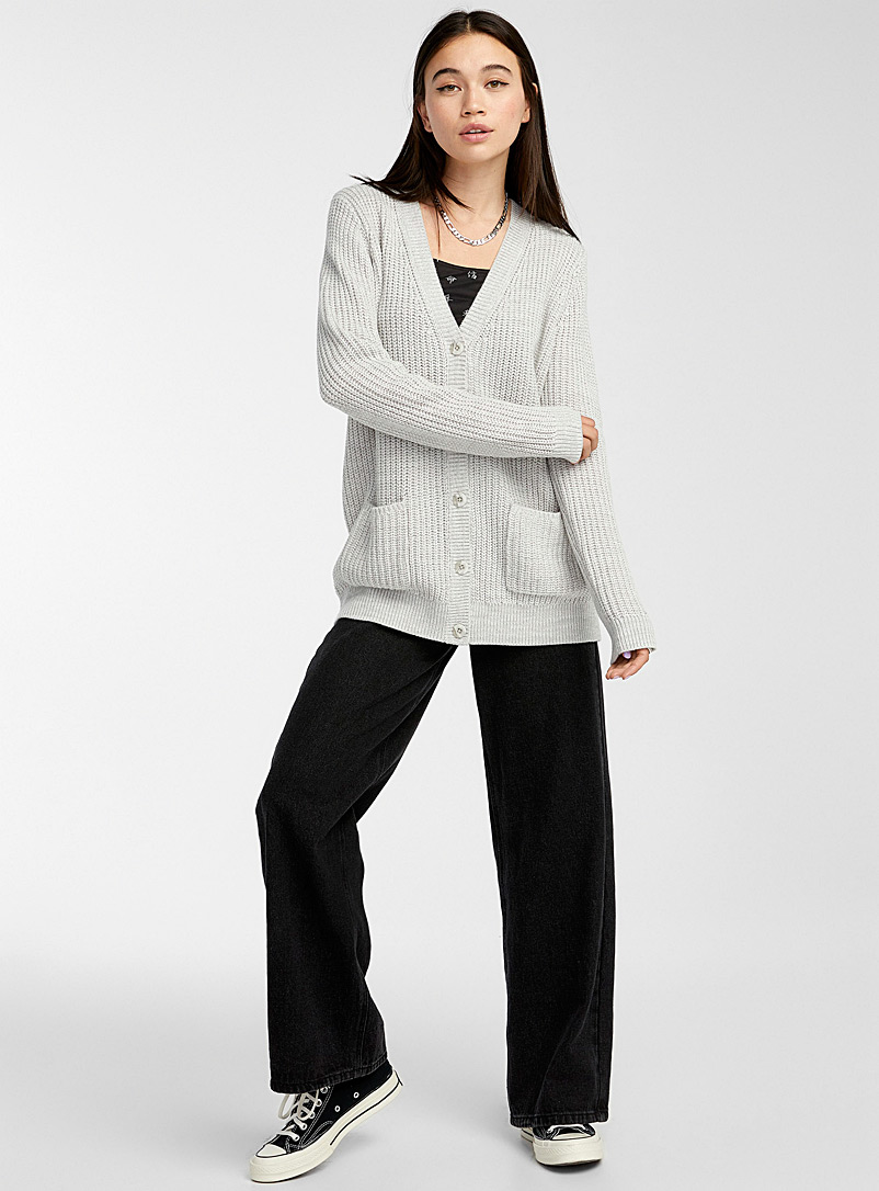 Twik Light Grey Buttoned ribbed V-neck cardigan for women