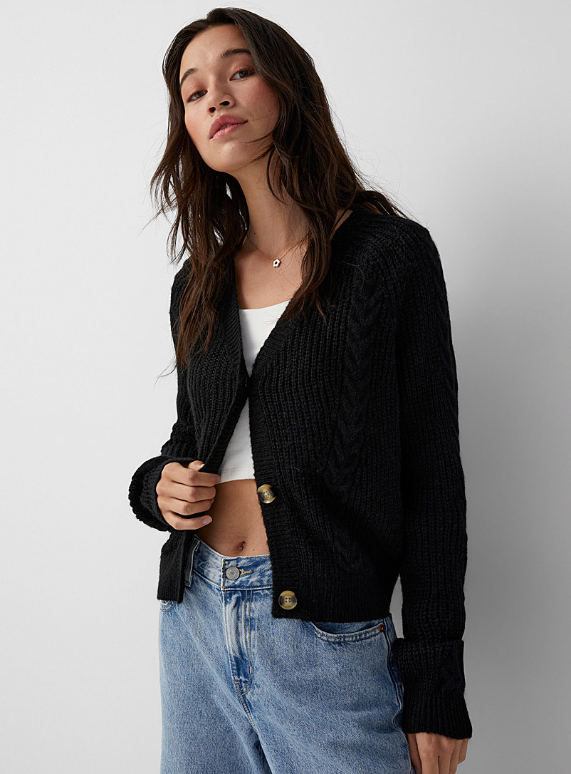 Twik Black Ribbed and twisted cable V-neck cardigan for women