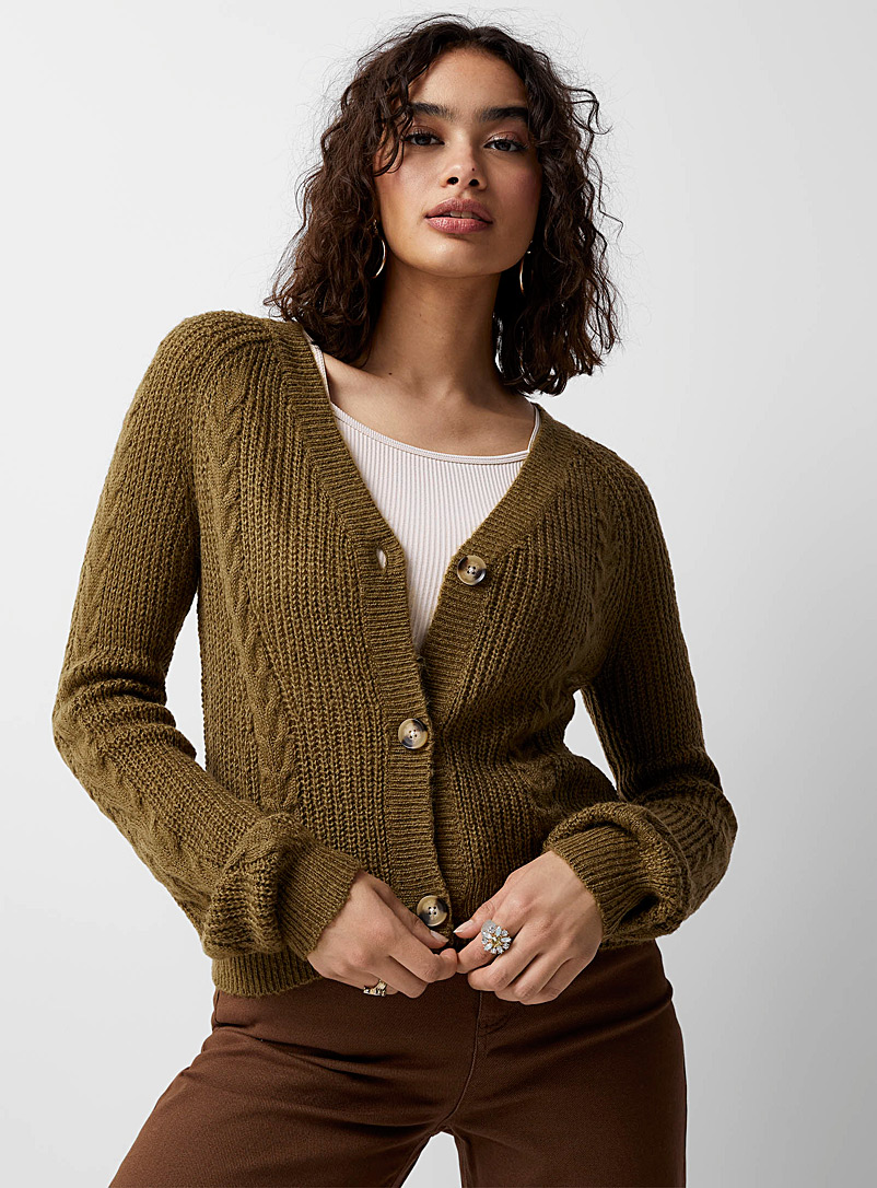 Twik Khaki Ribbed and twisted cable V-neck cardigan for women