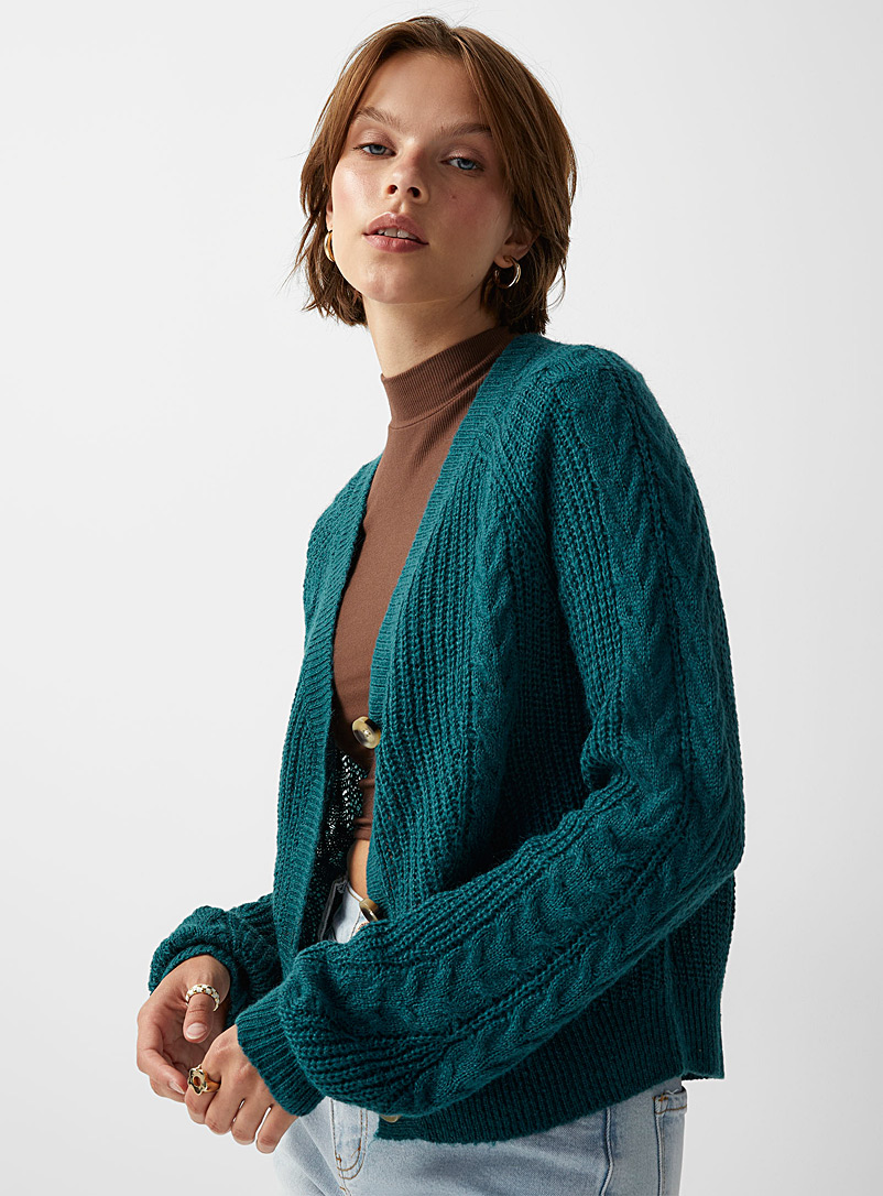 Twik Slate Blue Ribbed and twisted cable V-neck cardigan for women