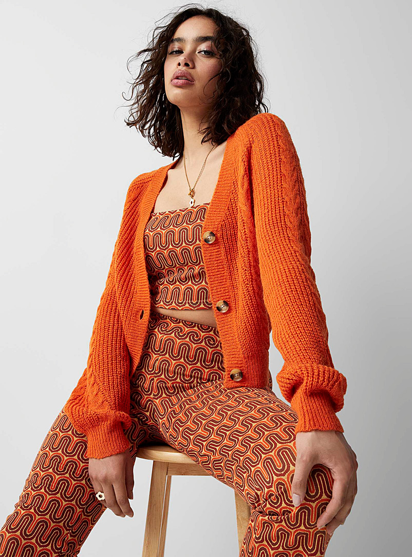 Twik Dark Orange Ribbed and twisted cable V-neck cardigan for women