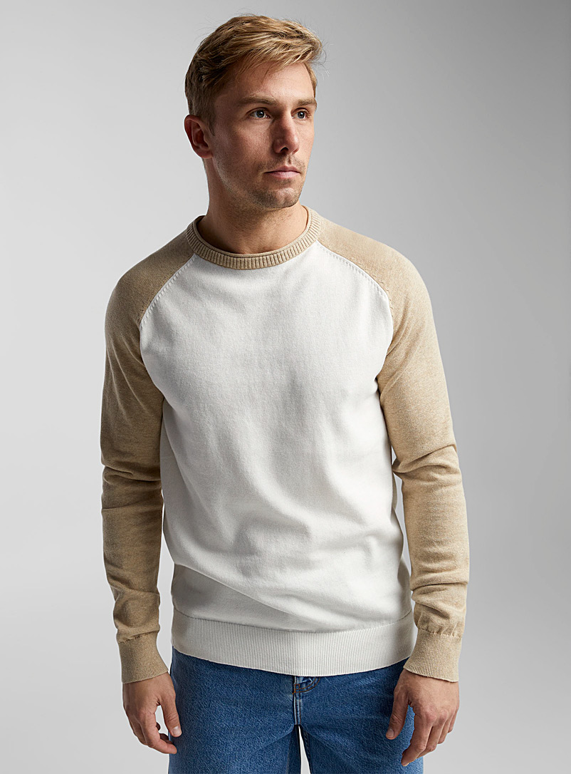 Le 31 Ivory/Cream Beige Colourblock raglan sweater for men