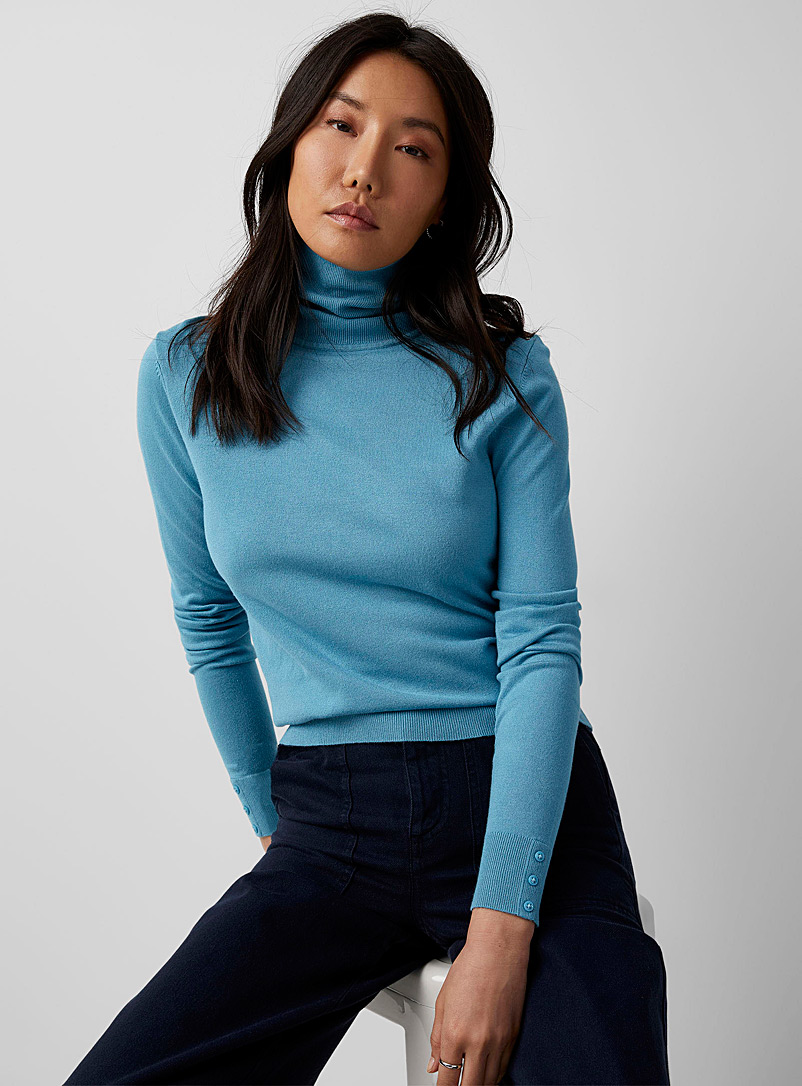 Contemporaine: Le col roulé fin tricot poignets boutonnés Sarcelle-turquoise-aqua pour femme
