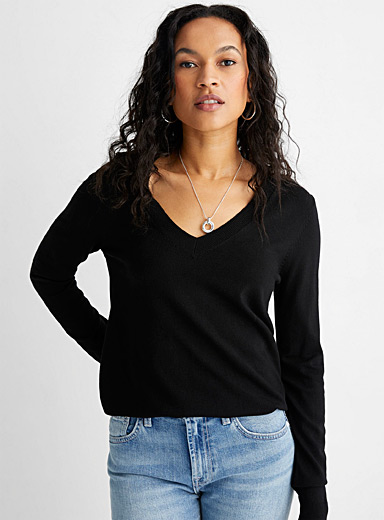 Contemporaine Black Fine knit V-neck sweater for women