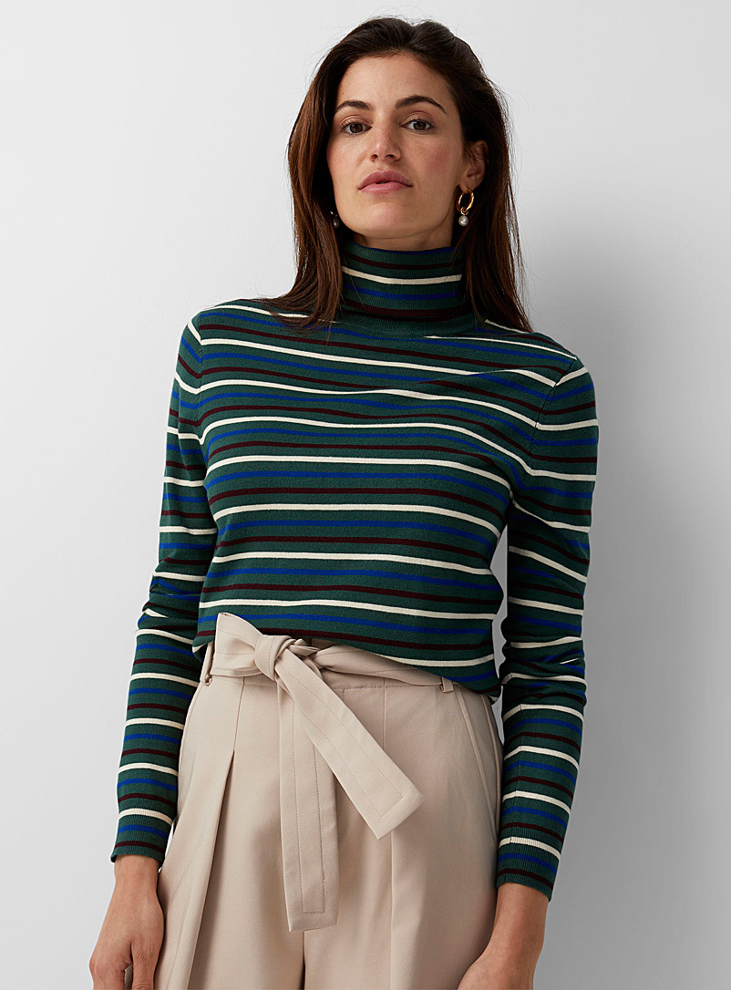 Contemporaine Mossy Green Striped fine knit turtleneck for women