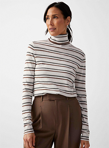 Contemporaine Light Grey Striped fine knit turtleneck for women