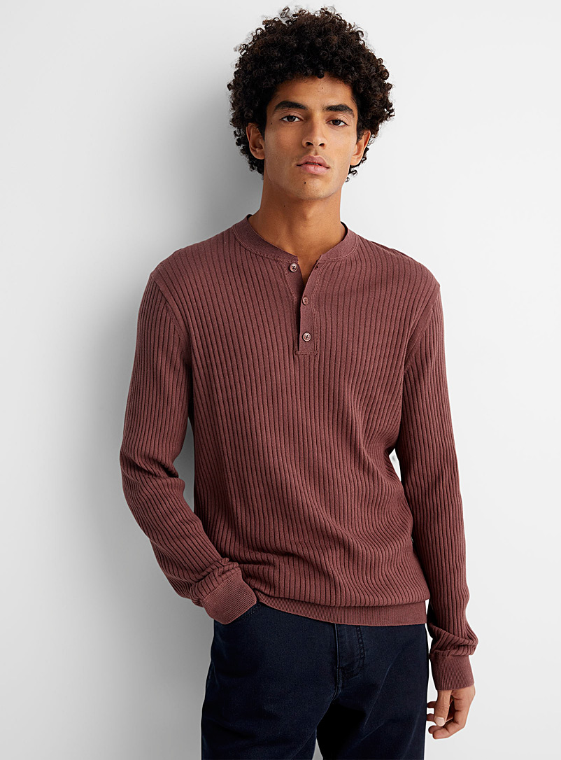 Le 31 Patterned Grey Ribbed Henley sweater for men
