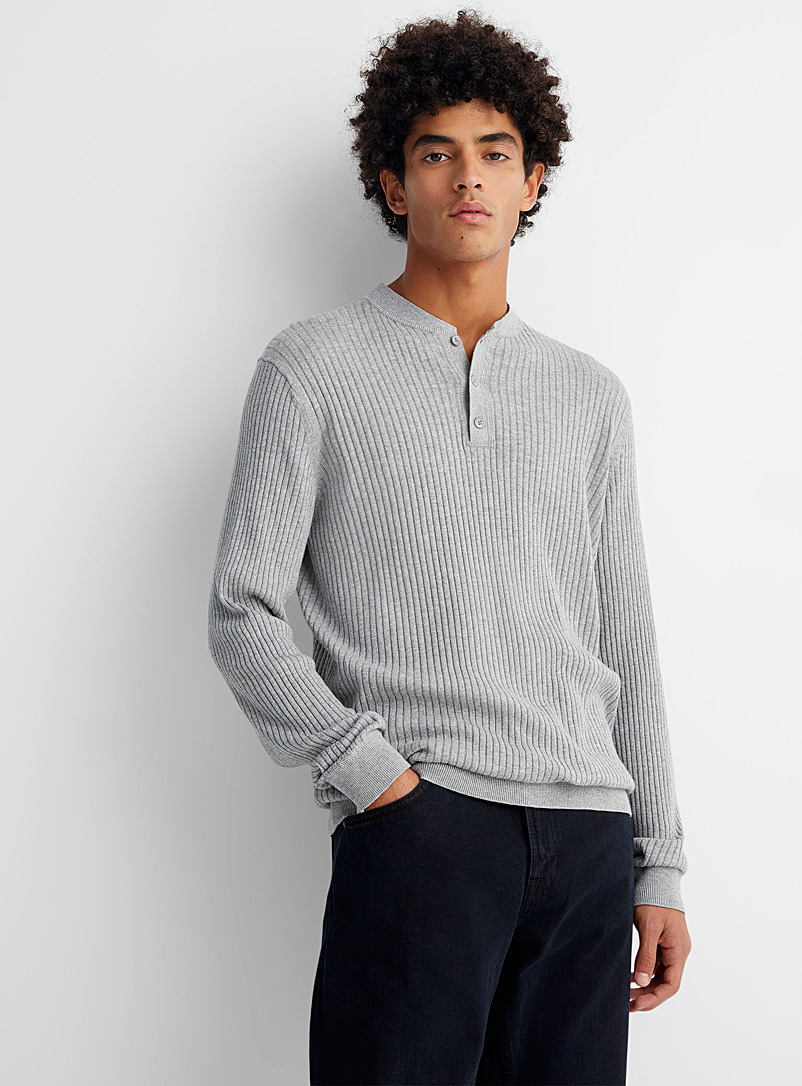 Le 31 Patterned Grey Ribbed Henley sweater for men