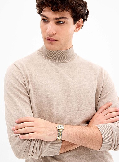 Le 31 Ivory/Cream Beige TENCEL&trade; modal and organic cotton mock-neck sweater for men