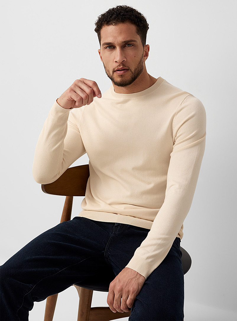 Le 31 Cream Beige Minimalist crew-neck sweater for men