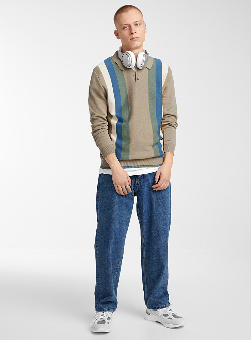 Djab: Le polo tricot rayures verticales Écru à motifs pour homme