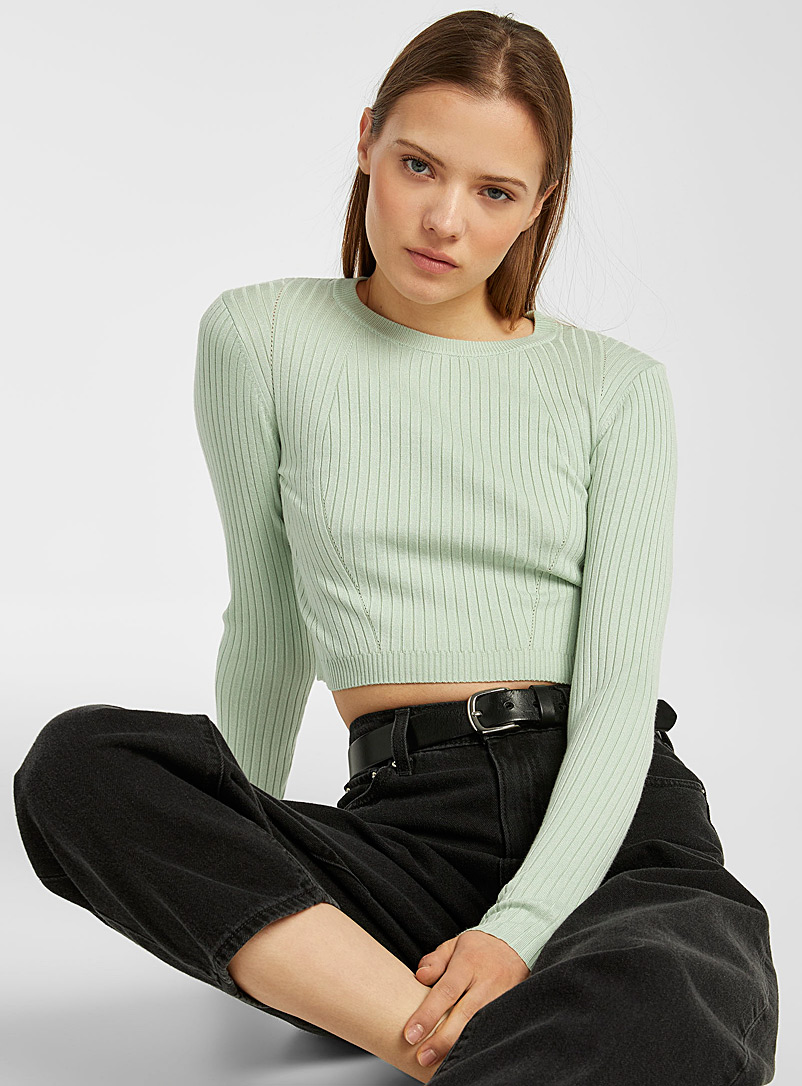 Twik: Le pull ultracourt tricot côtelé Vert pâle-lime pour femme