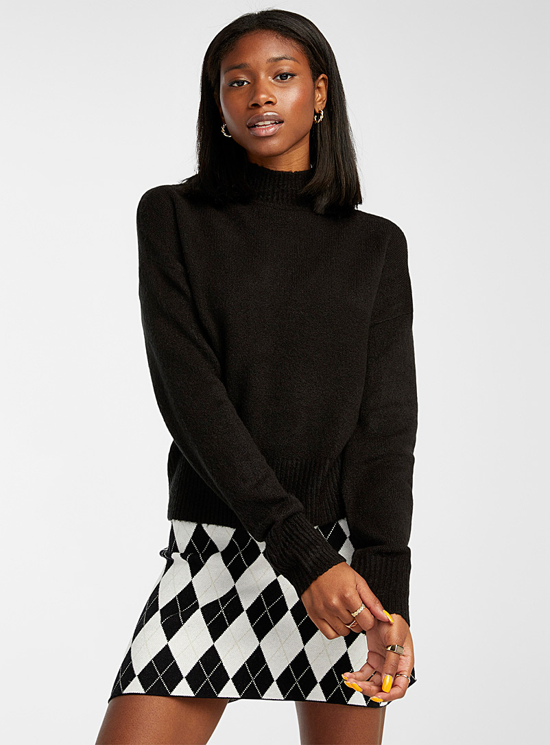 Twik Black Plush-knit loose mock-neck sweater for women