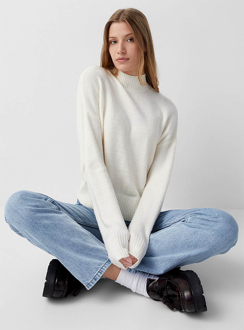 Twik Ivory White Plush-knit loose mock-neck sweater for women