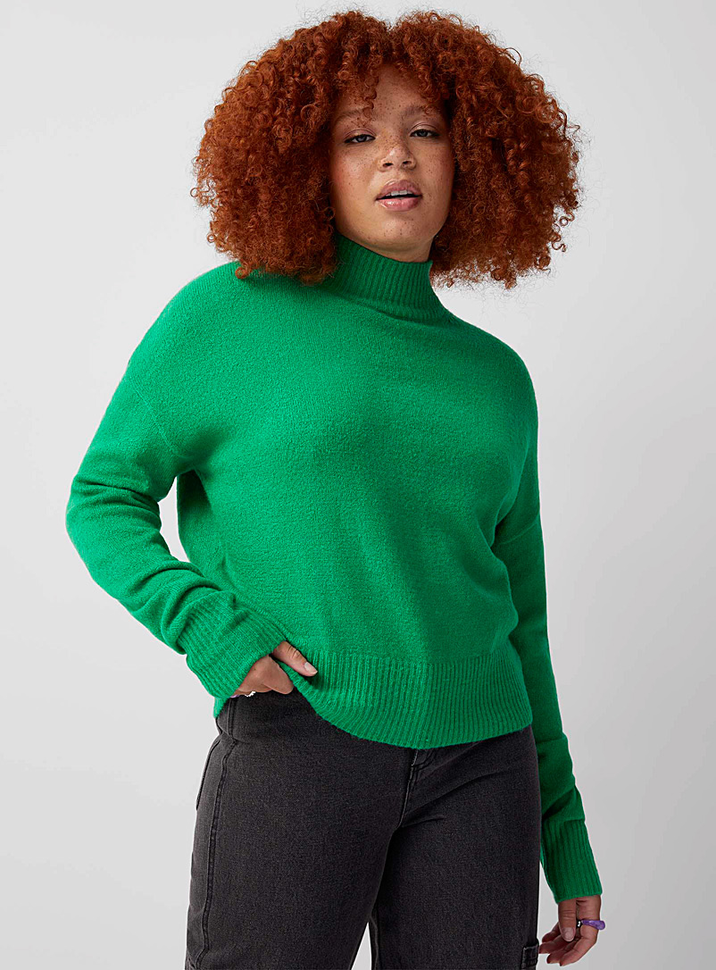 Twik Bottle Green Plush-knit loose mock-neck sweater for women