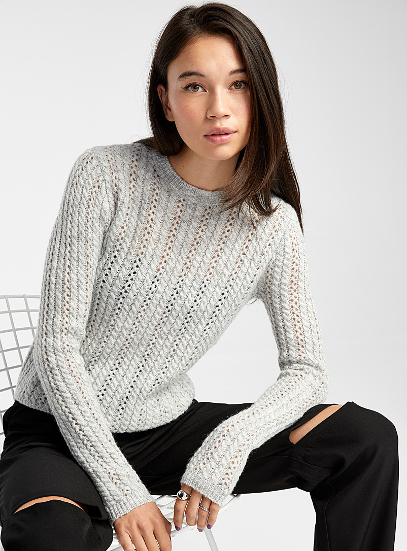 Twik Light Grey Openwork cable knit sweater for women