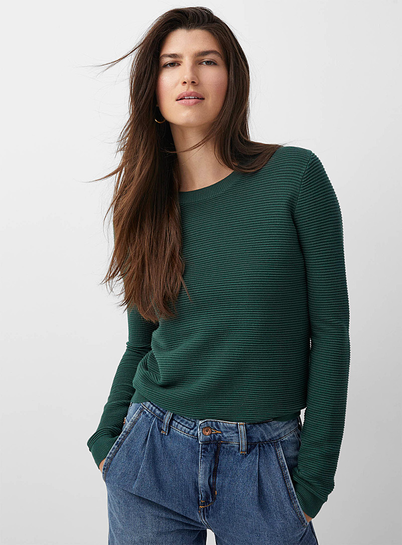 Contemporaine: Le pull col rond tricot ottoman Vert foncé-mousse-olive pour femme