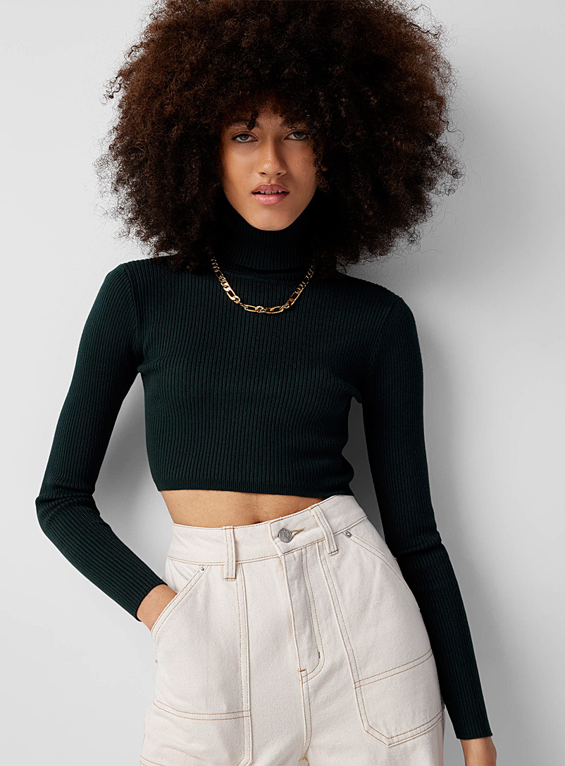 Twik Mossy Green Ultra-cropped ribbed turtleneck for women