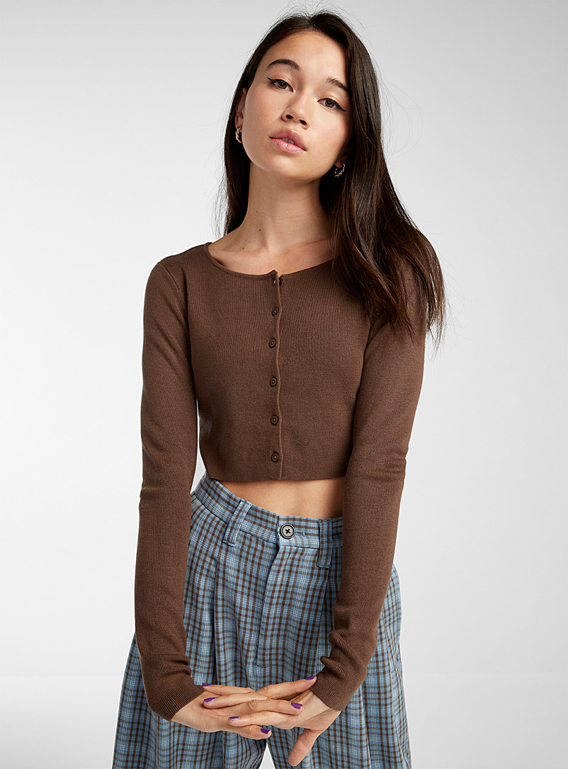 Twik Brown Buttoned ultra-cropped cardigan for women