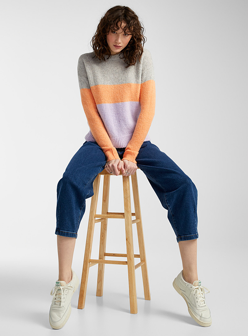Twik Patterned Grey Block stripes plush sweater for women