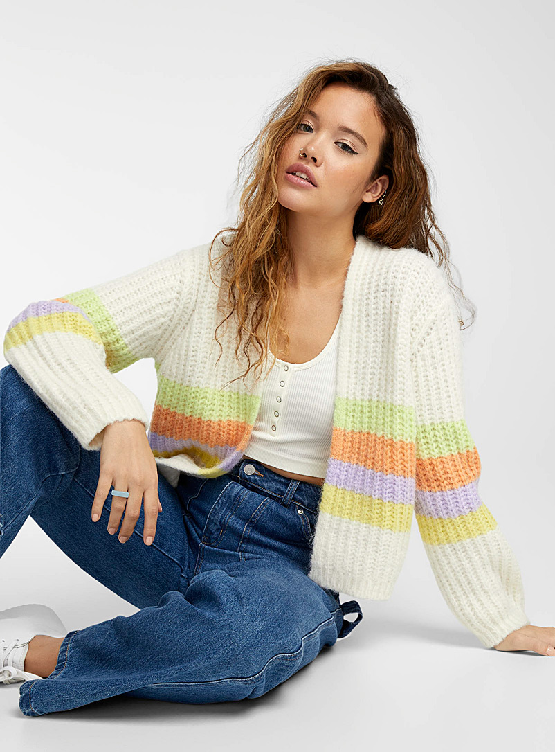 Twik Patterned White Colourful stripes cardigan for women