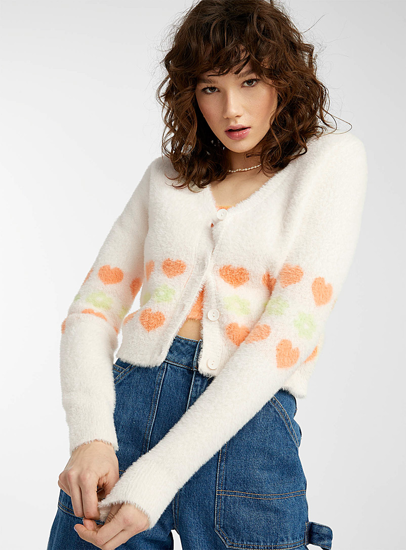 Twik Patterned White Colourful pattern fuzzy cardigan for women