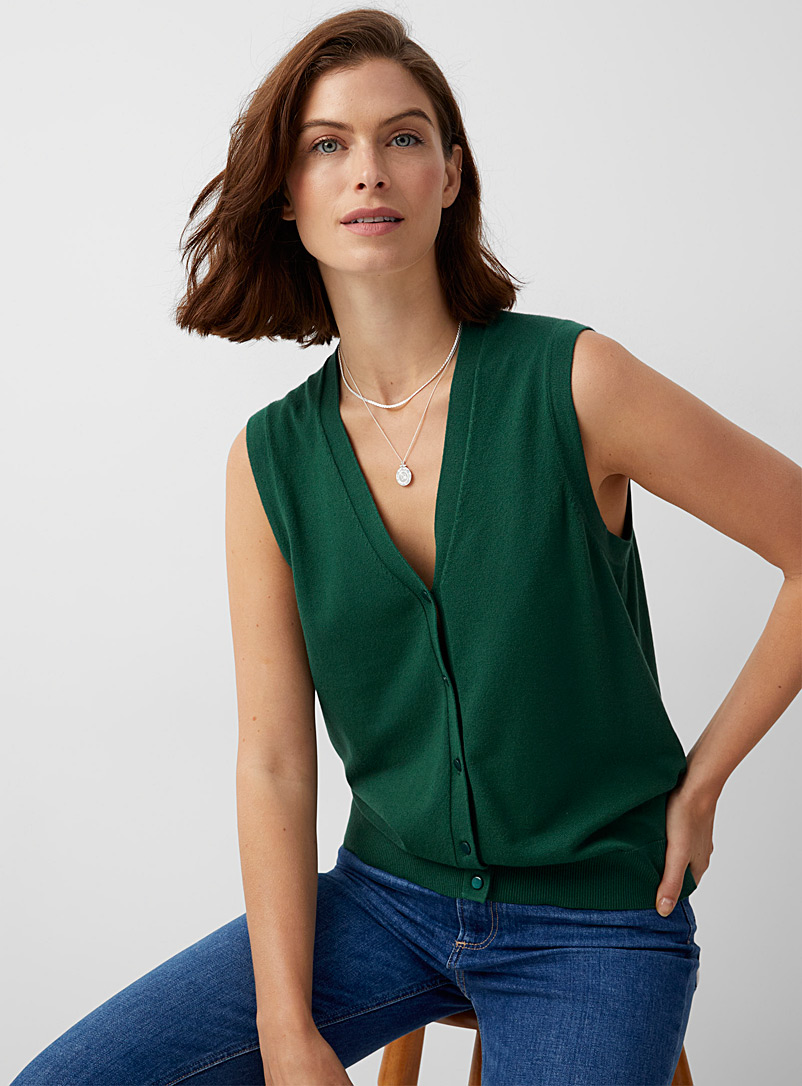 Contemporaine Mossy Green Fine knit buttoned sweater vest for women