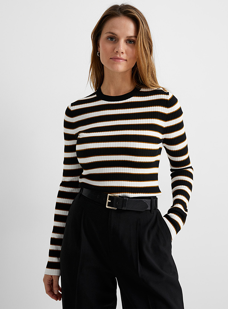 Contemporaine Black Tricolour stripes ribbed sweater for women