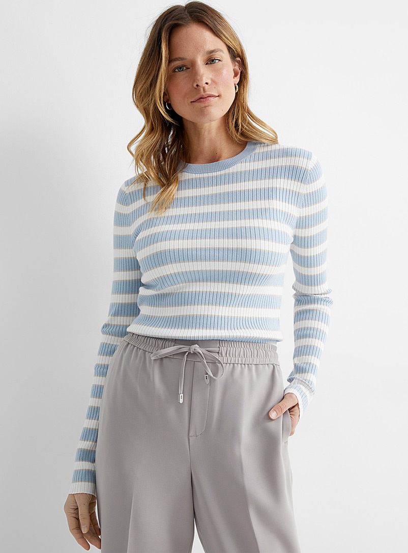 Contemporaine Baby Blue Tricolour stripes ribbed sweater for women
