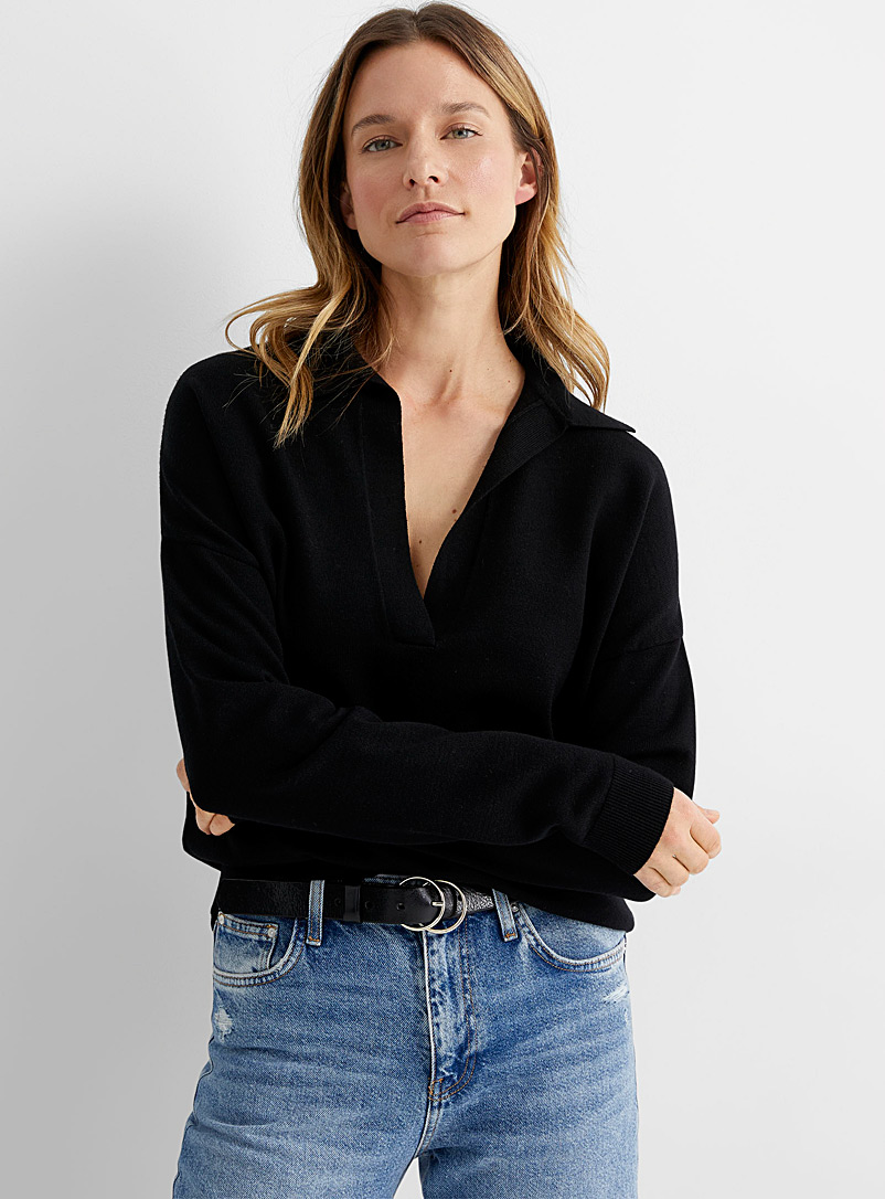 Contemporaine Black Johnny collar minimalist sweater for women