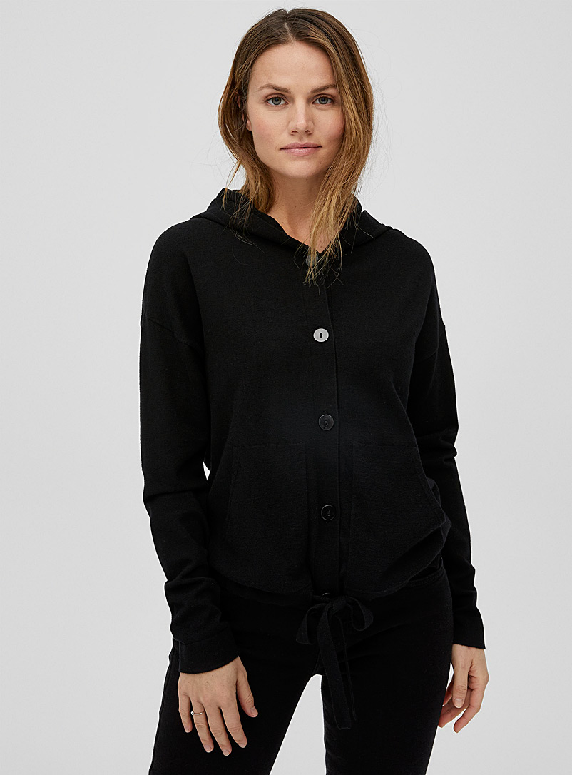 Contemporaine Black Drawstring waist hooded cardigan for women