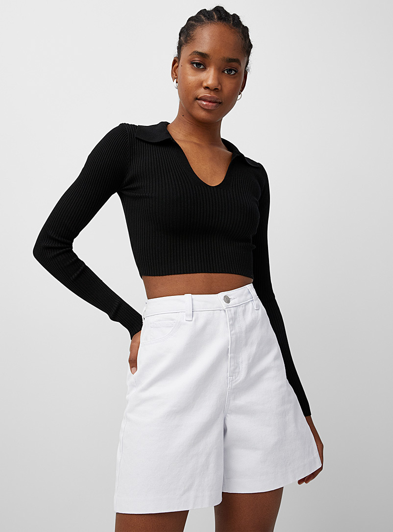 Twik Black Cropped and ribbed Johnny collar sweater for women